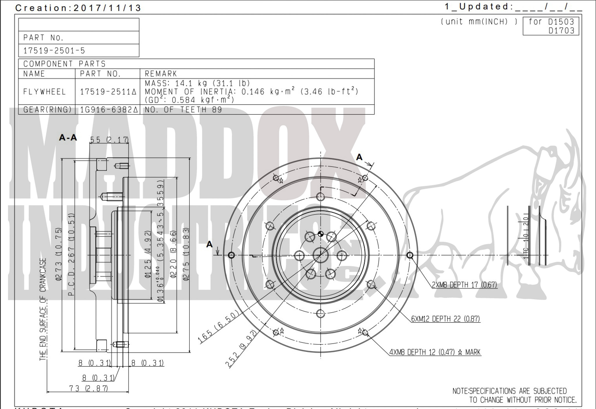 Kubota 17519-25010 Flywheel
